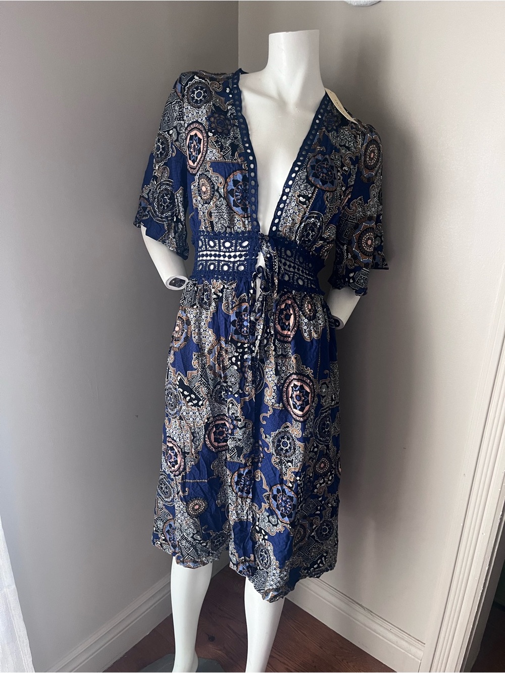 Bohemian Navy Paisley Midi Dress with Tie Waist